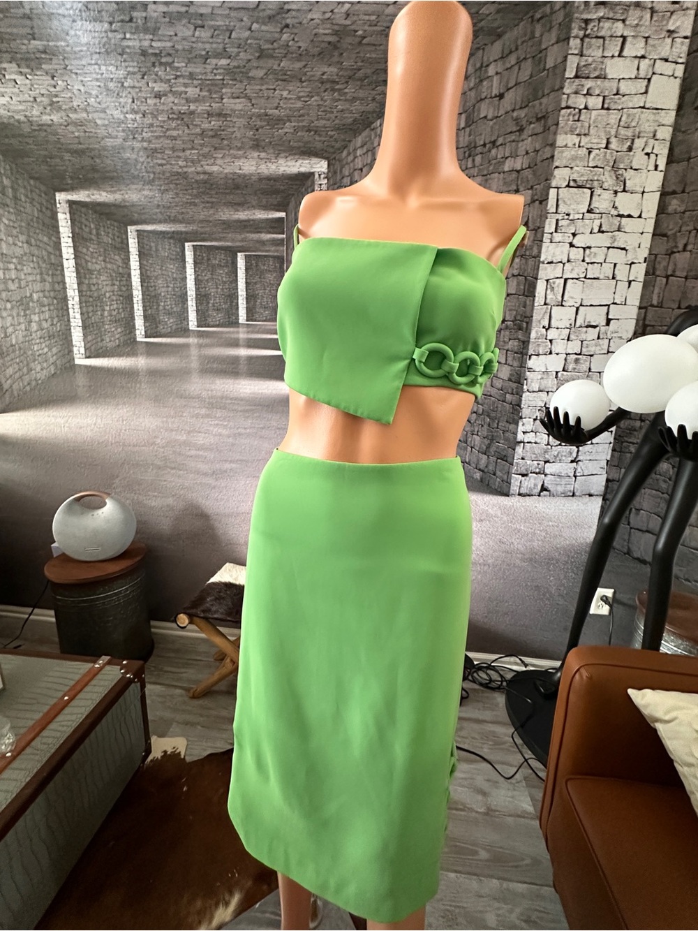 Women's Alexis 2 Pc Lime Green Skirt and Crop Top Set - Picture 6 of 11